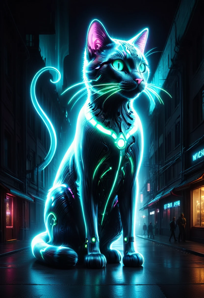 (Giant cat bigger than a building appears:1.2), (Mechanical Giant Cat:1.5), (Mythical Machinery), (Mechanobiology), ethereal, phantom, transparent, bioluminescence, Divine Light, fluorescence, charming, mysterious, bright colors, Detailed details, lifelike, Epic technological fantasy, epic surrealism, Epic future fantasy, bright colors, arrstyle, cyberpunk city, 