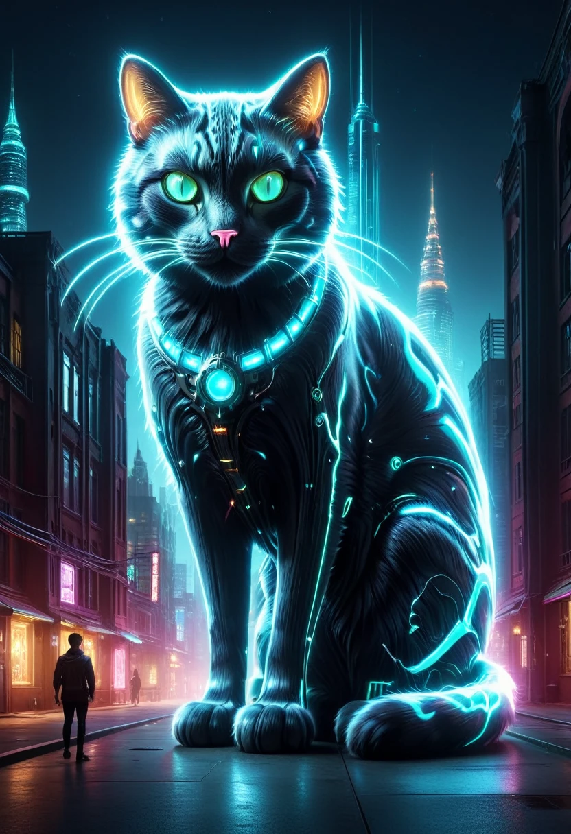 (Giant cat bigger than a building appears:1.2), (Mechanical Giant Cat:1.5), (Mythical Machinery), (Mechanobiology), ethereal, phantom, transparent, bioluminescence, Divine Light, fluorescence, charming, mysterious, bright colors, Detailed details, lifelike, Epic technological fantasy, epic surrealism, Epic future fantasy, bright colors, arrstyle, cyberpunk city, 