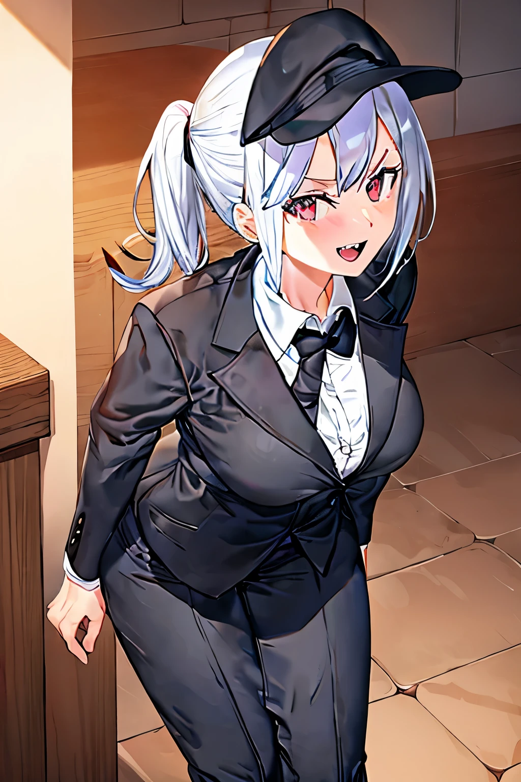 Girl. Formal work suit. Tight white shirt under black formal coat. Black tie. Hands behind body holding buttocks. White hair, squinted sharp eyes, open mouth with visible fangs. 3/4 pose. Black winter hat , with two black ropes on the side that falls on her chest. (Profile body pose. Looking at the left.) (hands behind back holding her own butt, resting pose. 