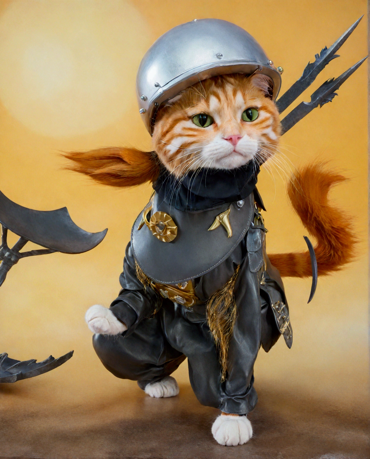 There is a cat holding a pile of metal, New Cat, Cat warrior, Anthropomorphic cat, An anthropomorphic cat, Cat wearing a spiked helmet, (SFW) Work, World Big Cat, Garfield, smol furry cat wearing smol hat, Cat furry, Anime cat, Great cat, Ginger cat expression crying