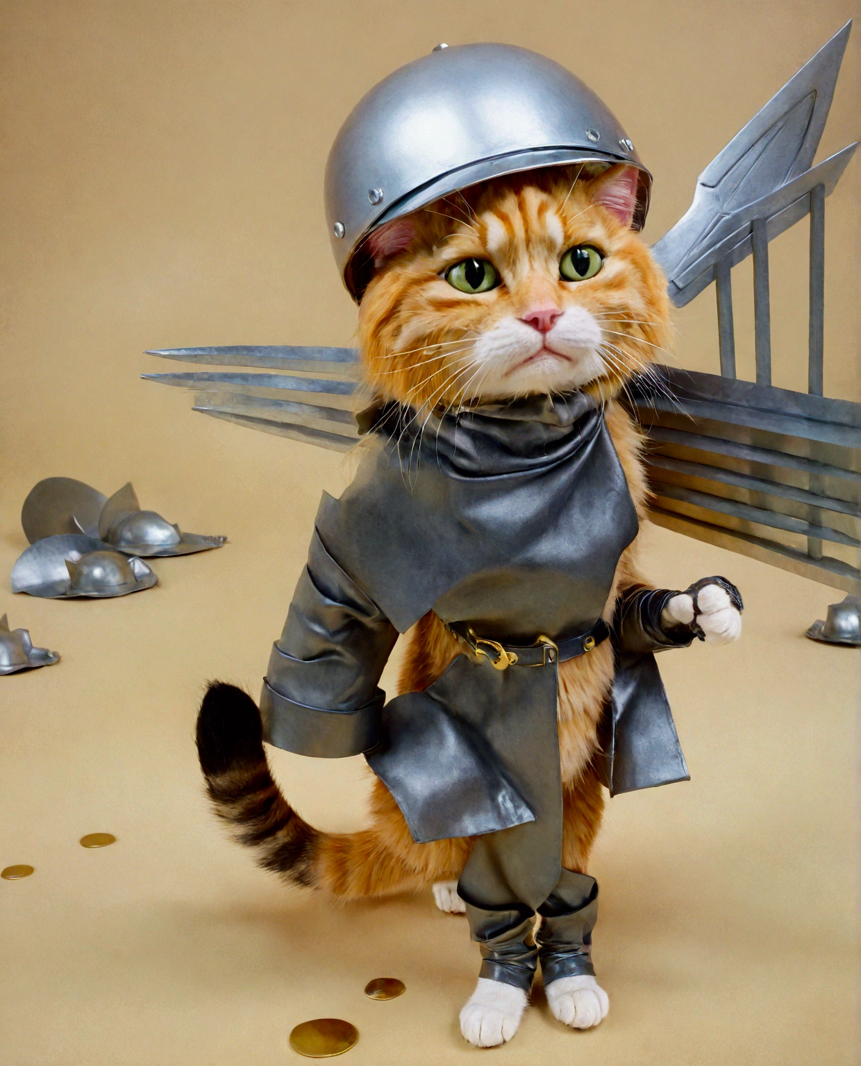 There is a cat holding a pile of metal, New Cat, Cat warrior, Anthropomorphic cat, An anthropomorphic cat, Cat wearing a spiked helmet, (SFW) Work, World Big Cat, Garfield, smol furry cat wearing smol hat, Cat furry, Anime cat, Great cat, Ginger cat expression crying