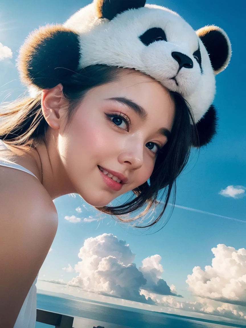 masterpiece, top quality, cinematic stills, one girl, floating in the sky, cloud girl, clouds, (close-up: 1.1), bright, happy, fun, soft lighting, (Bauhaus, shape, line, abstract: 1.1), panda ears