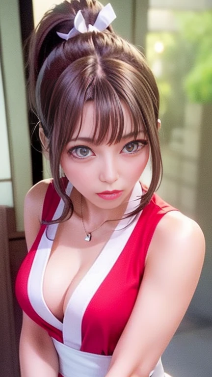 mai shiranui, Medium breast、(or:1.3), (whole body:1.4), (after that;1.3), (Photorealistic:1.2), (masterpiece:1.2), (Highest quality), (Ultra-detailed), (8k, 4K, Complex), (Flat lighting:1.2), (skinny), reputation, Brown eyes, Long Hair, Brown eyes, Long Hair, Brown Hair, White ribbon, No sleeve, ponytail, sash, Pelvic Curtain, Arm guard, gloves, A captivated look, Sexy Eyes, slim, Medium chest, cute, Displaying the viewer, Near the Japanese temple, (Very detailed:1.2), (Detailed face:1.2), (Gradation), sfv, colorful, (Detailed eyes:1.2), Japanese temple details, Detailed Background, Dynamic pose, Wide Shot, Dawn, alone.