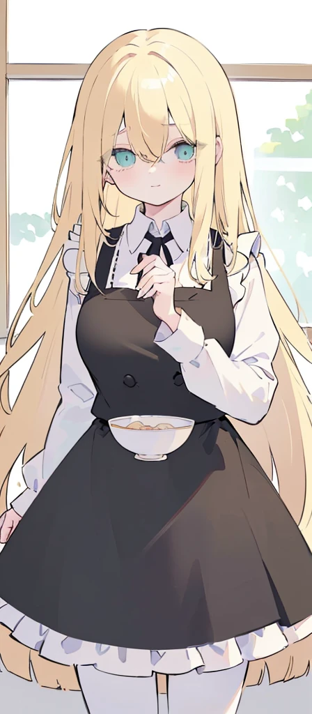 (((Long blonde Beautiful Hair))),blonde hair,kawai,(((Eyes visible from bangs,hair over eyes:1.3))),,Huge breasts,(cyan green color eyes),,(cyany slanted eyes),1girl in,bangs,long gray hair, pantyhose,Cowboy Shot,white background,short hair,smiled,(wearing black maid clothes), (maid dress type must have a perfect black vest), Bangs should be long to the tip of the chin(((, focusing on the bowl containing the dough and holding a spoon to stir it))), Kitchen room background, Perfect arm fingers,,, 1 girl, ((The image must match the tag)) Bangs almost cover the eyes full body (The character's entire body from top to bottom is completely visible)