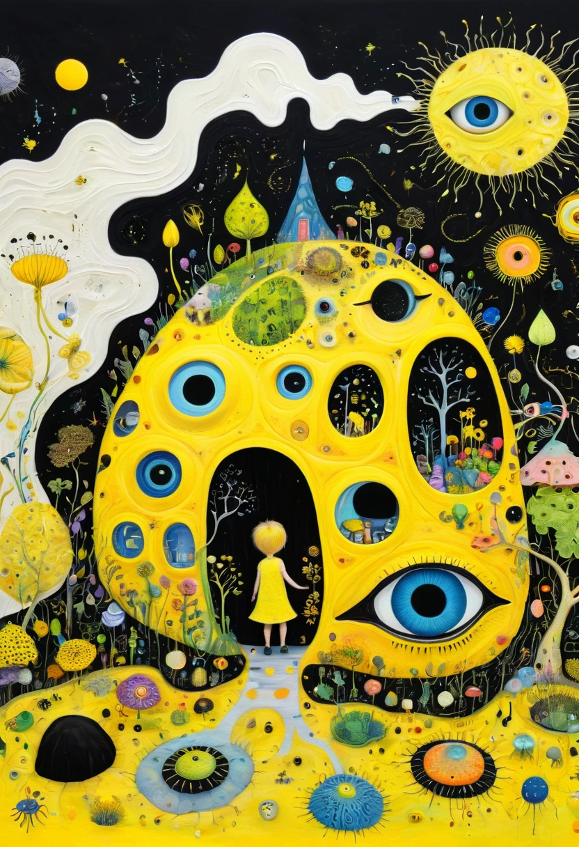 Intense visual fusion of various elements,broto,microorganism、plantar、house、Eye、wild animal life,Stitching an abstract painting,Describing the inner world of autistic people,Sense of space,blank space,interesting,innocence,psychedelic art,yellow and black,3d