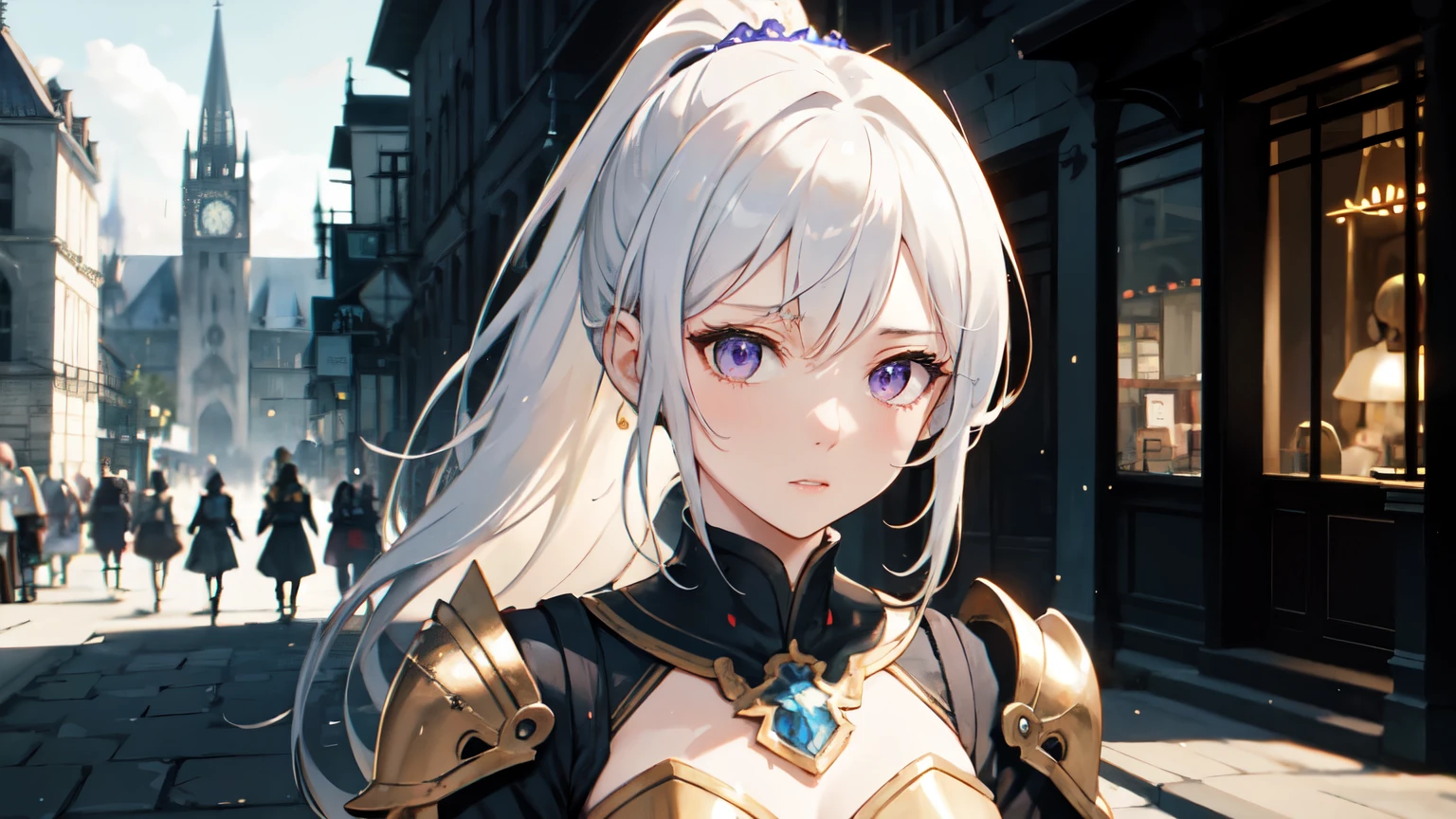 A beautiful girl with white hair tied in a ponytail, her purple eyes shimmering, stepped into the town, clad in heavy, shining armor. Her appearance exuded a mysterious yet powerful aura.

As she passed through the ancient stone gate, with the emblem of Canterbury carved above it, the camera zoomed in, capturing the intricate details of her armor. Each piece of metal glinted in the sunlight, revealing fine engravings and battle-worn scratches that told tales of past encounters.

Her face, framed by her white hair, held a look of focused determination. Her purple eyes, deep and mesmerizing, scanned the bustling streets ahead. The camera lingered on her eyes, capturing the subtle flicker of emotions as she took in the lively markets and shops lining the cobblestone streets.

The camera then panned down to her armored gauntlets, each movement precise and purposeful as she adjusted the straps of her armor. The sound of clinking metal accompanied her every step, a reminder of the weight she bore both physically and metaphorically.

As she walked through the market, the camera followed closely, capturing the reactions of the townspeople. Children’s eyes widened in awe, and merchants paused their work, their gazes drawn to her like moths to a flame. The camera caught the soft smiles and the whispers exchanged among the onlookers.

Her steps were steady and confident, the camera capturing the rhythmic sway of her ponytail and the subtle flexing of her muscles beneath the armor. The spire of Canterbury Cathedral came into view, its grandeur mirrored in her resolute expression. The camera zoomed in on her face once more, capturing the moment she took a deep breath to calm her mind.

With each step towards the center of the town, the camera focused on the determination etched in her features. Clad in her heavy armor, she renewed her resolve, her heart set on the trials and purpose that awaited her at the sacred site.