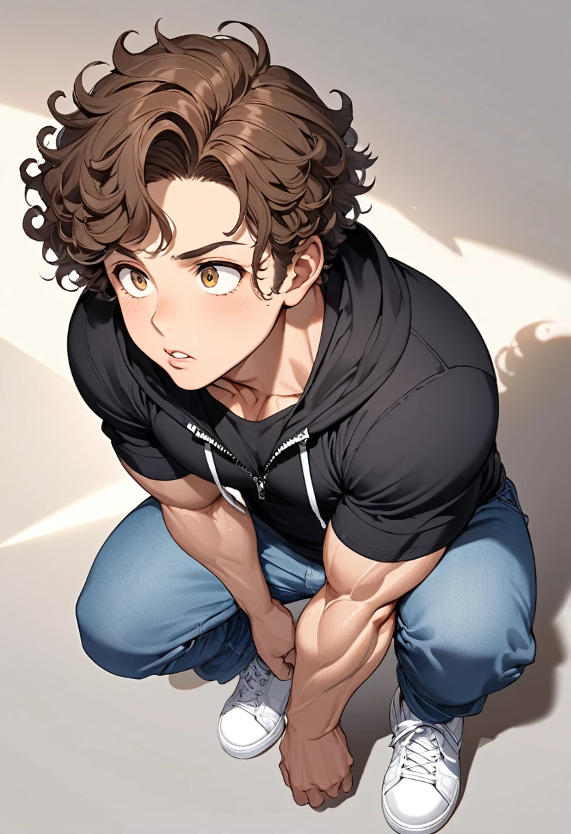 Male, tall, muscular build, giant, curly brown hair, sun kissed skin, hazelnut brown eyes, almond shaped eyes, very strong, athletic, Looking up, full body, crouched, tight black T-shirt, dark blue in zipped hoodie, baggy light blue jeans, black and white shoes, parted plump lips