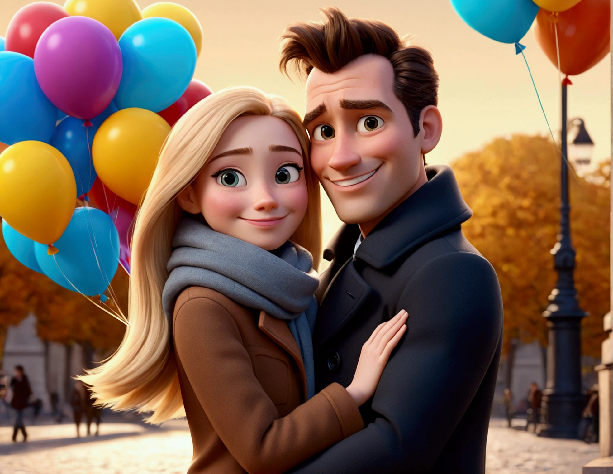 Cartoon character of a tall man 27 years old, smiling happy in black coat animation character, hugging a 24-year-old woman with long, blonde hair and a small stature, smiling happily in brown coat and scarf, in front of the Arc de Triomphe in Paris. balloons from the movie up. stylized character, animation style rendering, 3d stylized, Arnold Maya rendering, Stylized 3D rendering, toon render screenshot, 3d character, 3d character, Stylized 3D rendering, 3D character rendering, cartoon character, Personagem de close up, showing half body, photo orientation horizontally (Pixar-style) (master part:1.2) (bokeh) (best qualityer) (skin detailed) (detailed texture) (8k) (Argilla) (cinematic lighting) (sharp focus