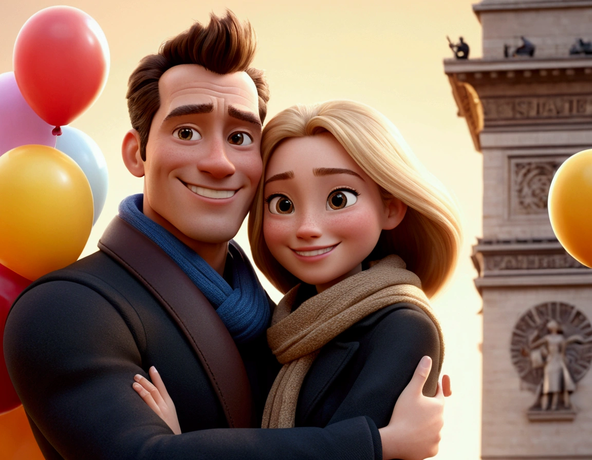 Cartoon character of a tall man 27 years old, smiling happy in black coat animation character, hugging a 24-year-old woman with long, blonde hair and a small stature, smiling happily in brown coat and scarf, in front of the Arc de Triomphe in Paris. balloons from the movie up. stylized character, animation style rendering, 3d stylized, Arnold Maya rendering, Stylized 3D rendering, toon render screenshot, 3d character, 3d character, Stylized 3D rendering, 3D character rendering, cartoon character, Personagem de close up, showing half body, photo orientation horizontally (Pixar-style) (master part:1.2) (bokeh) (best qualityer) (skin detailed) (detailed texture) (8k) (Argilla) (cinematic lighting) (sharp focus
