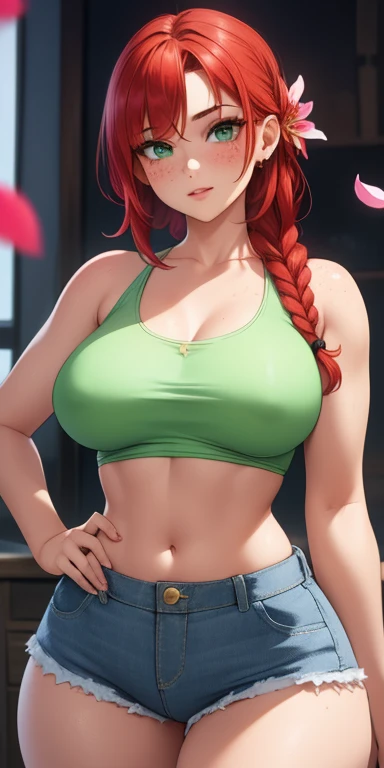 beautiful big round breasts, 1 girl, ((Red hair, Beautiful long braid, braid decorated with petals)) Light green eyes, She has a beautiful sensual body with freckles, with full breasts and thin waist, Beautiful and cute tank top., high waist denim shorts, delicate woven women's belt, has a bold appearance. young, quality, realist, best quality, cute expression, pink lips lipstick, Nice smile, propensity, In the beautiful and romantic beautiful room.