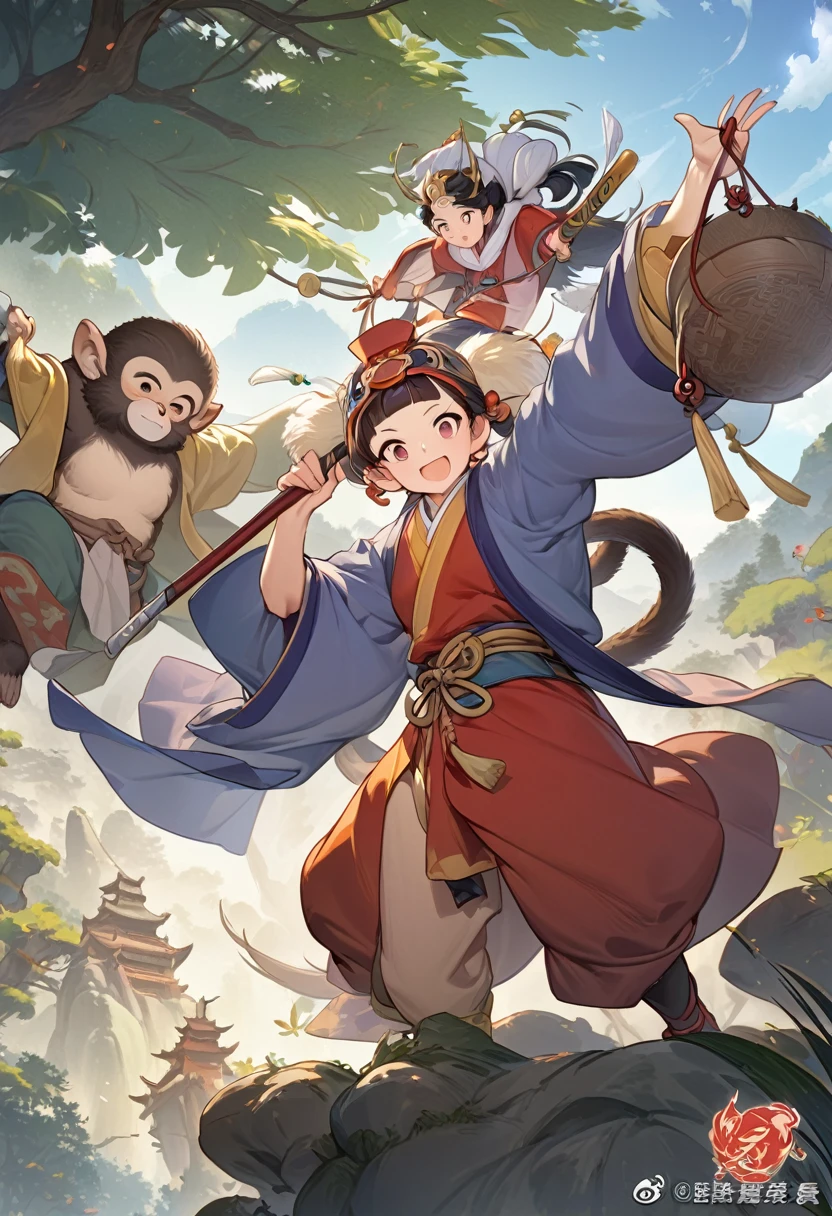 top quality, best quality, High-quality illustrations, masterpiece, super high resolution, detailed background, monkey: a journey to the west, A classic of Chinese literature, this beloved folktale is part adventure story, Sun Wukong, Zhu Bajie, Sagojo, Sanzang,