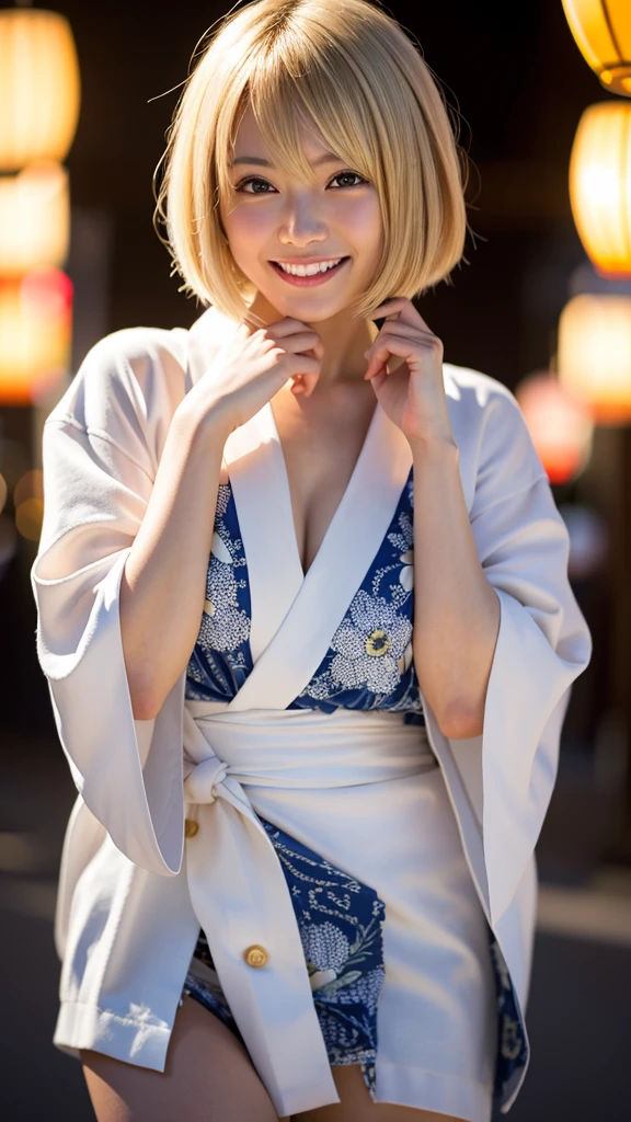 (8k, RAW Photos:1.2), Detailed face and eyes,最high quality, Ultra-high resolution, Very detailed ,Tabletop ,pretty girl , Soft cinematic light, Hyper Detail,Sharp focus, high quality, Blonde, Bobcut, yukata, outside,smile,teeth,Professional Lighting, Glowing Skin, Accurate hands、Accurate legs、Anatomically correct body