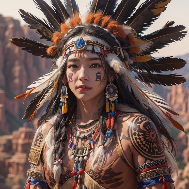 At the Grand Canyon、Hair Flow、 ((Highest quality、masterpiece、8k、Best image quality、Ultra-high resolution、Award-winning works)、(Accurate anatomy:1.1)、(Look at me and smile:1.1)、Shining fair skin with Ultra-high resolution、The most detailed face、Ultra-high resolution detailed face、Ultra-high resolutionの髪の毛、(Ultra-high resolutionの煌めく瞳:1.1)、Beautiful face drawn in every detail、(Blurred Background:1.1)、Native American Costume, American Indian Clothing, Chest to chest, tattoo、A real giant condor next to you。