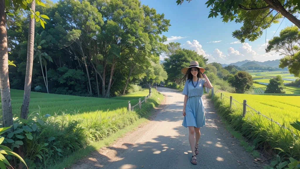 8k、RAW Photos、Highest quality、Very detailed、Super Resolution、Ultra HD、8k壁紙、Amazing details summer、A country road lined with rice fields、Woman walking on a country road、blue sky、Shining Sun