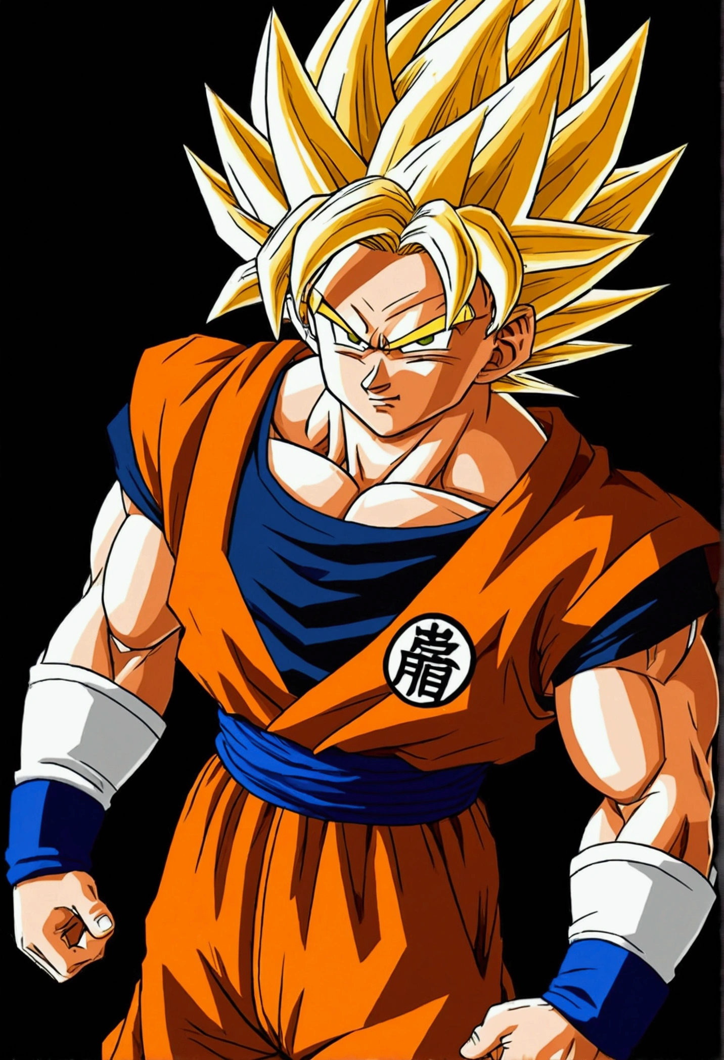 “Create a futuristic character inspired by Goku at level 4 in Super Saiyan. It must have a modern and technological look, with futuristic details in your clothing and accessories. The character must have his arms crossed, displaying a confident and powerful expression. Your appearance should reflect strength and determination, with spiky hair and intense eyes, characteristics of Super Saiyan level 4.”igual dragon ball gt
