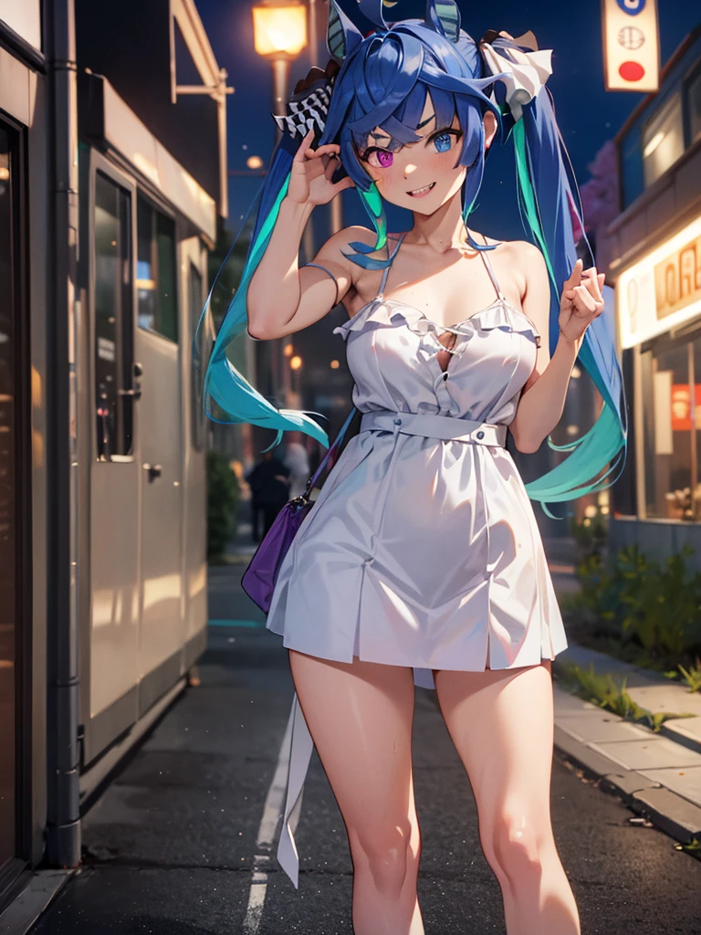 (Masterpiece, best quality, high res、highly detailed cg: 1), ‘Looking for a hooker?’ and a prostitute invites a man to join her. The scene is dominated by a prostitute touting on a quiet, deserted street at night. She is flirtatious with an upward glance. Twin_Turbo_Umamusume, aqua hair, twintails, heterochromia, purple eyes, blue eyes, sharp teeth, nsfw, Seduction, (short stature), Natural smile