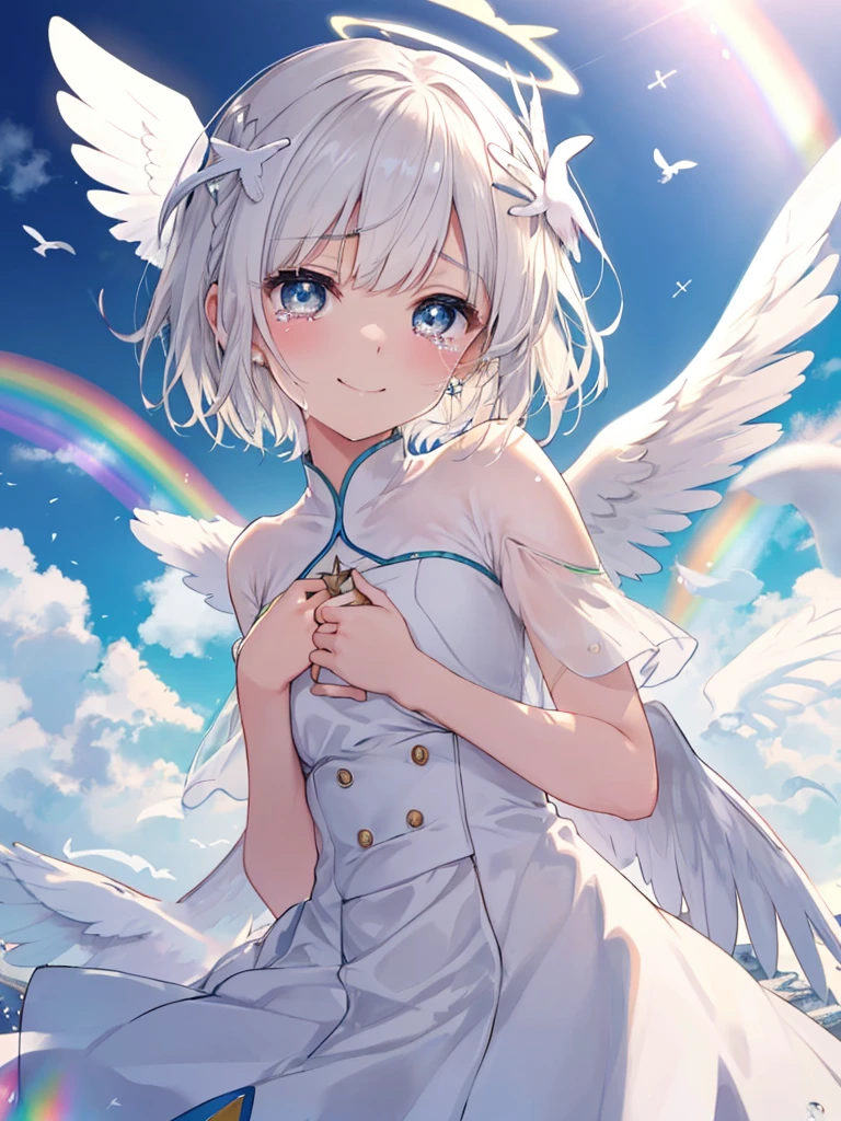 (((Extreme Close-up　tears　smile　Low Angle　Dove of peace　Angel Halo)))　((輝くtears　Rainbow Eyes　short hair　Receiving the light　Rainbow Light　Please place your hand on your chest))　(Shining Edges　　Pillar of Light)