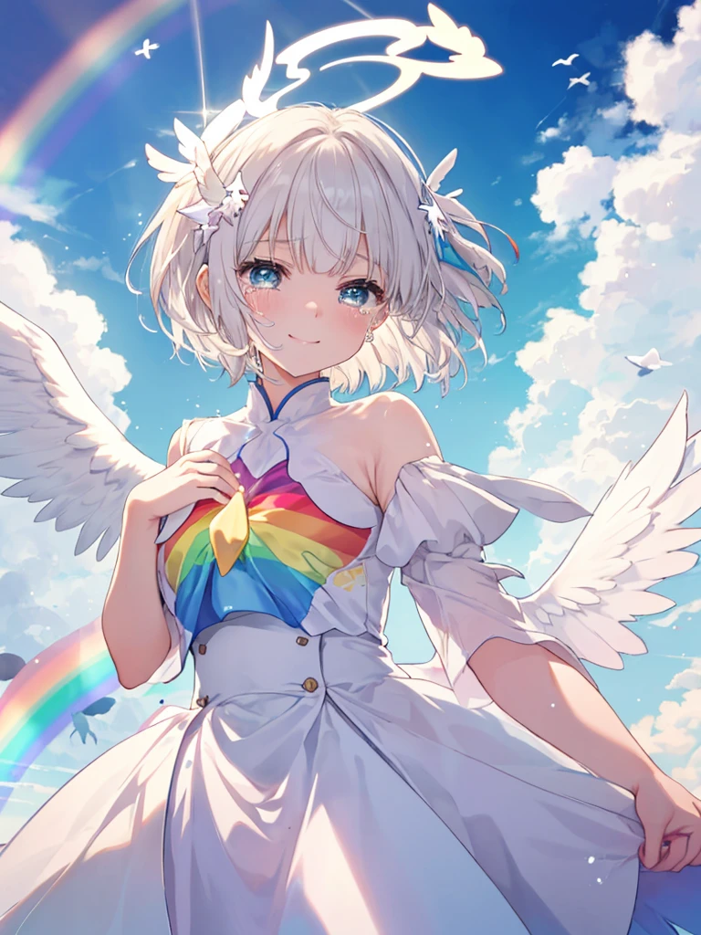 (((Extreme Close-up　tears　smile　Low Angle　Dove of peace　Angel Halo)))　((輝くtears　Rainbow Eyes　short hair　Receiving the light　Rainbow Light　Please place your hand on your chest))　(Shining Edges　　Pillar of Light)