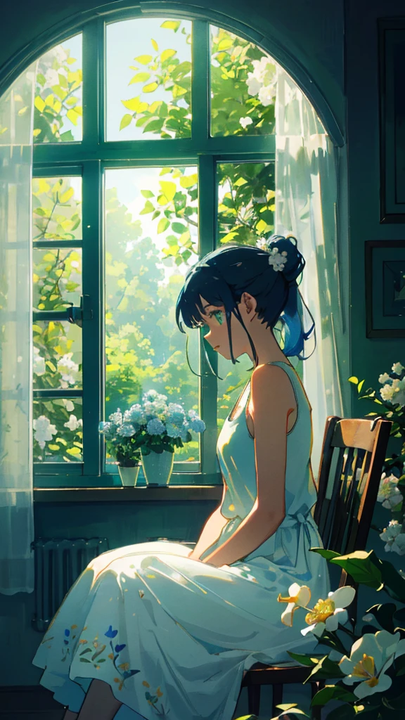 In this photo, a woman sits in a room with a window behind her. She has smooth white skin and a face with big, cute eyes. She wore a dark blue tank top with white flowers embroidered on it. Her hair was tied into two ponytails at the back of her head. This makes her look cute and natural. In the picture, she is sitting relaxed. Her hands rested on her lap. The rear window reveals a view of green trees, creating a fresh and comfortable view. This shot has lots of natural light that makes the atmosphere feel warm and friendly.