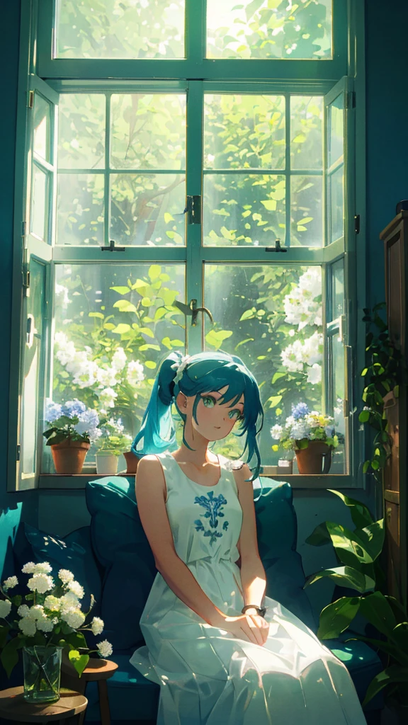 In this photo, a woman sits in a room with a window behind her. She has smooth white skin and a face with big, cute eyes. She wore a dark blue tank top with white flowers embroidered on it. Her hair was tied into two ponytails at the back of her head. This makes her look cute and natural. In the picture, she is sitting relaxed. Her hands rested on her lap. The rear window reveals a view of green trees, creating a fresh and comfortable view. This shot has lots of natural light that makes the atmosphere feel warm and friendly.