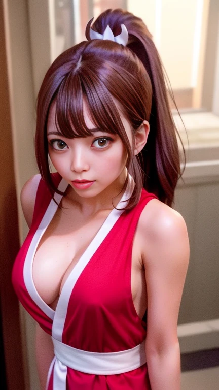 mai shiranui, Medium breast、(or:1.3), (whole body:1.4), (after that;1.3), (Photorealistic:1.2), (masterpiece:1.2), (Highest quality), (Ultra-detailed), (8k, 4K, Complex), (Flat lighting:1.2), (skinny), reputation, Brown eyes, Long Hair, Brown eyes, Long Hair, Brown Hair, White ribbon, No sleeve, ponytail, sash, Pelvic Curtain, Arm guard, gloves, A captivated look, Sexy Eyes, slim, Medium chest, cute, Displaying the viewer, Near the Japanese temple, (Very detailed:1.2), (Detailed face:1.2), (Gradation), sfv, colorful, (Detailed eyes:1.2), Japanese temple details, Detailed Background, Dynamic pose, Wide Shot, Dawn, alone.