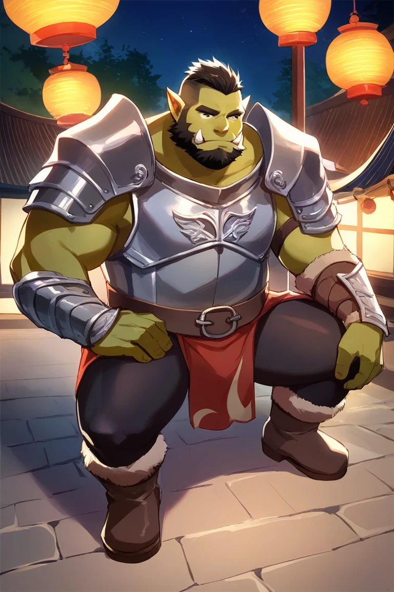 score_9, score_8_up, score_7_up, solo, male focus, bulk male, orc, green skin, tusks, beard, outdoors, micro armor , shoulder armor, breastplate, upper body , pauldrons, night, night sky , (( micro briefs )) , full body , boots , spread legs , 