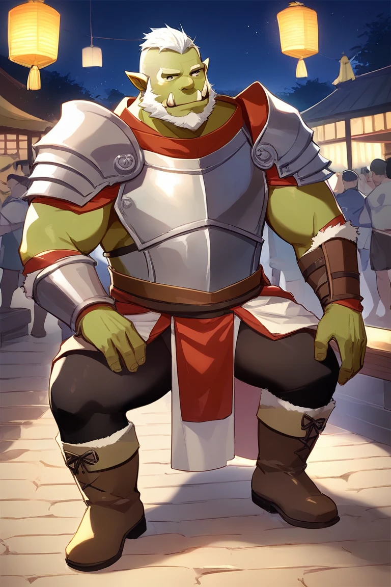 score_9, score_8_up, score_7_up, solo, male focus, chubby male, orc, green skin, tusks, beard, outdoors, micro armor , shoulder armor, breastplate, upper body, closed mouth , night, japanese festival , 祭り , (( black Tights )) , full body , boots , laying spread legs , tear , ashamed face , tentacles
