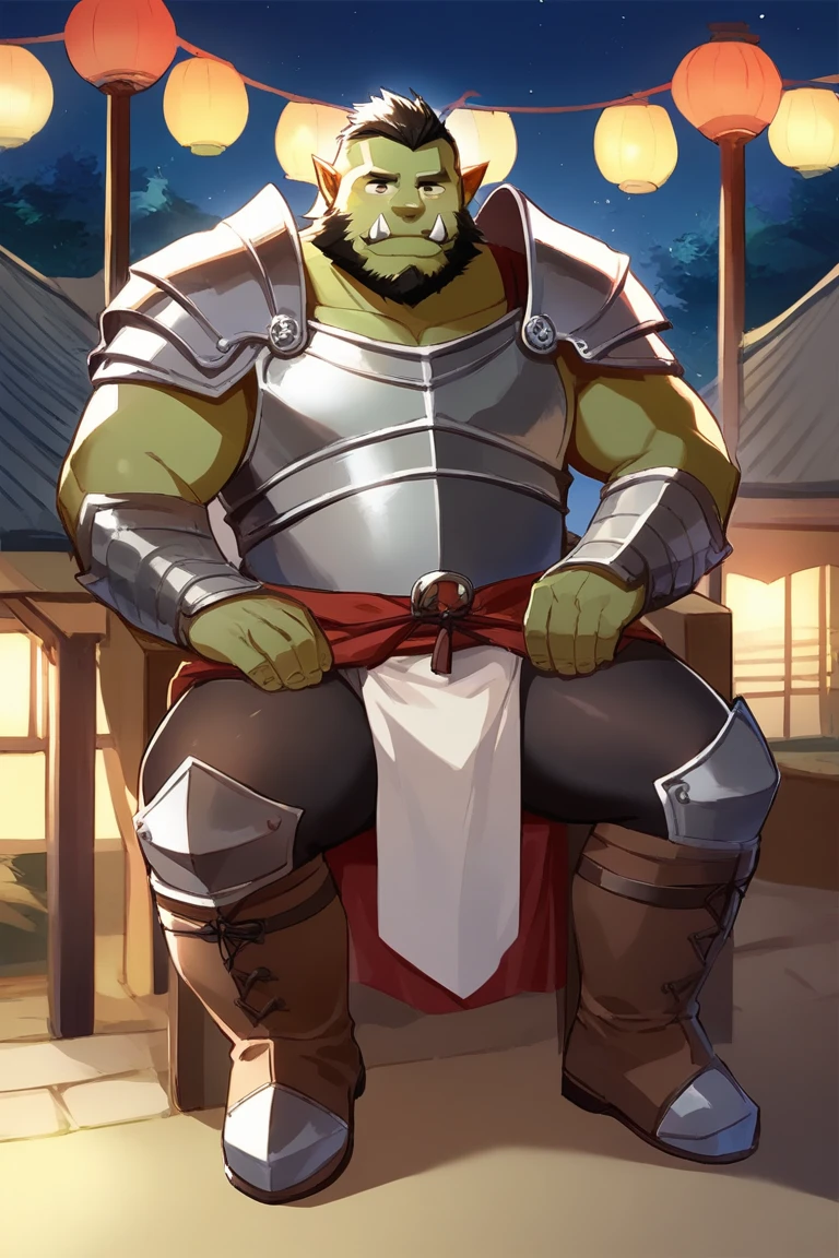 score_9, score_8_up, score_7_up, solo, male focus, bulk male, orc, green skin, tusks, beard, outdoors, micro armor , shoulder armor, breastplate, upper body, closed mouth, pauldrons, night, night sky , boots , (micro fundoshi) , full body , black boots , laying spreadlegs , legs up , massive penis , massive asshole