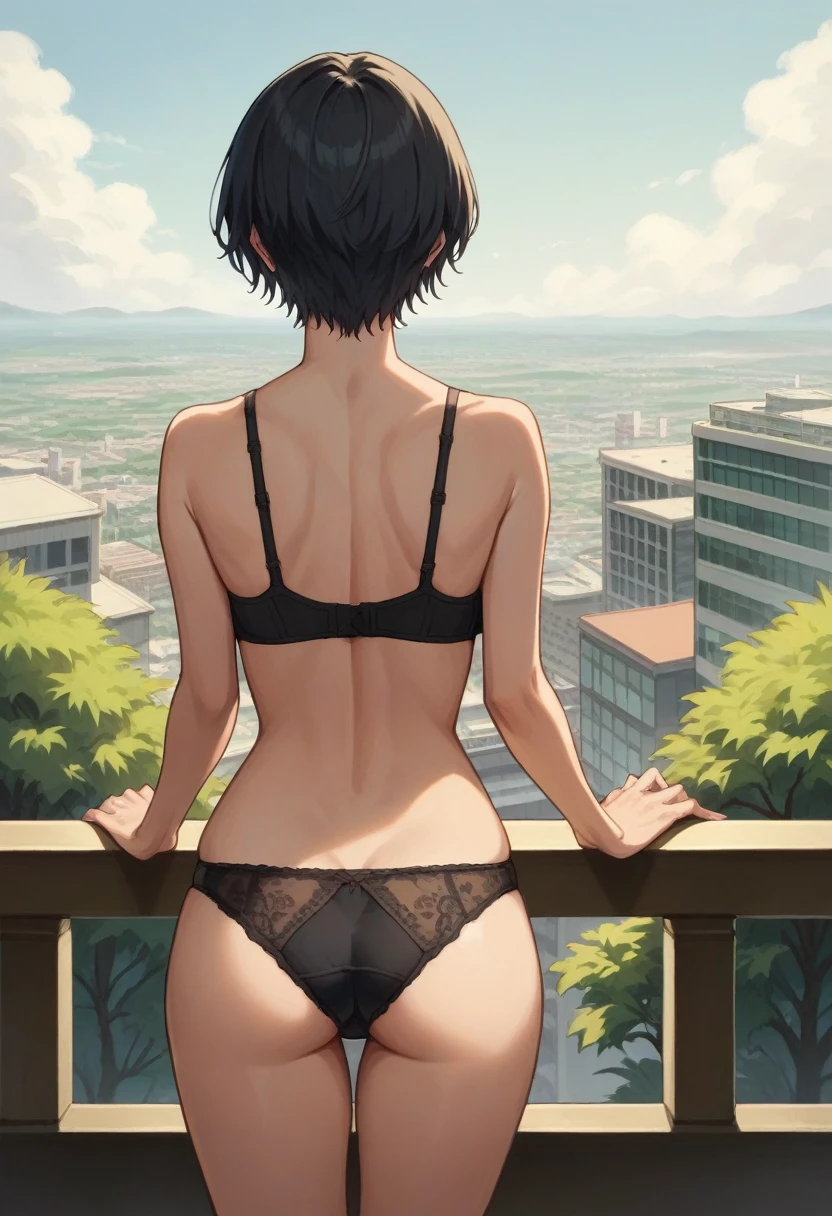 score_9, score_8_superior, score_7_superior, score_6_superior, translation:, One girl, , Mature Woman,  Black Hair, short hair, Eye patch, Black bra, Black panties, Captivating smile, balcony, handrail, I had already finished, Recall, From behind, teasing