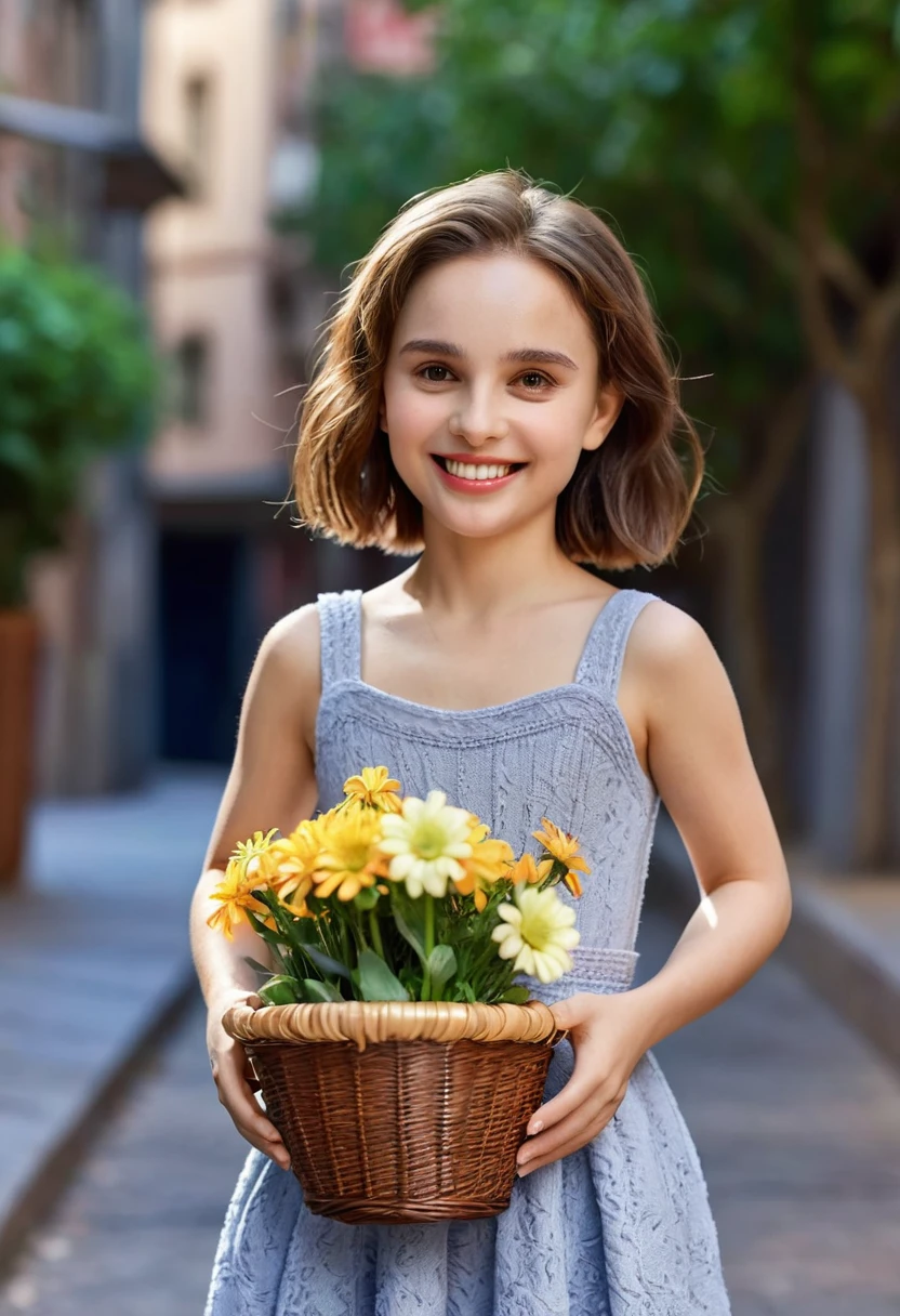 (Pixar style: 1.25) Portrait of a little girl, Natalie Portman, Smile, Waist length,Bring a flower basket, Natural skin texture, 4K Textures, HDR, complicated, Very detailed, Clear focus, Feeling, Ultra Detailed