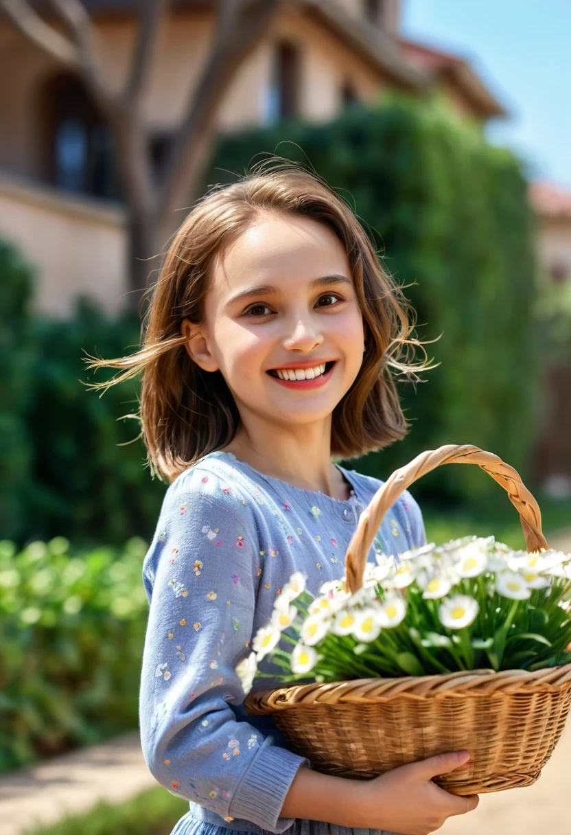 Girl with flowers ,Realistic background with blooming garden, photographic photography, quality,