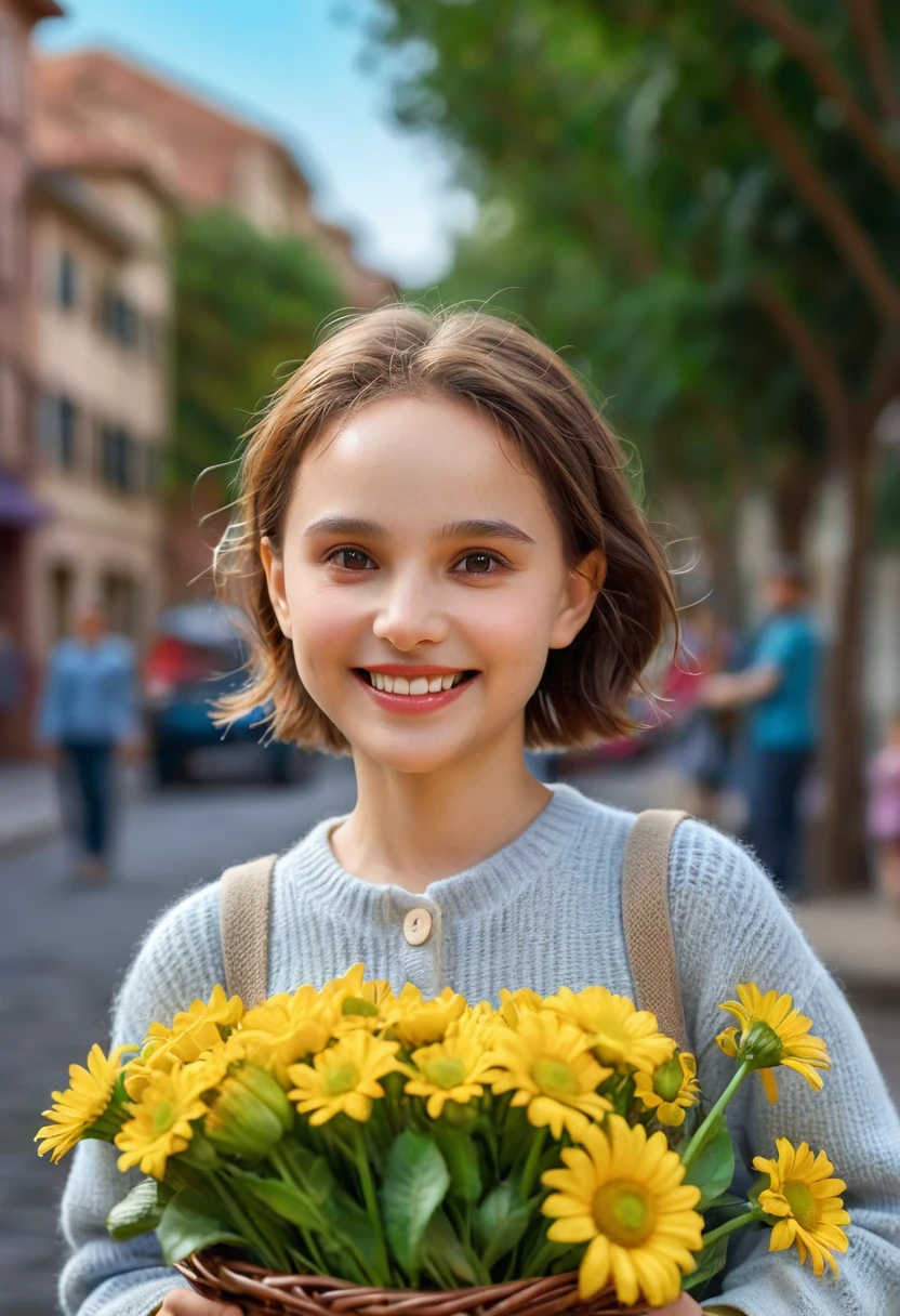 (Pixar style: 1.25) Portrait of a , Natalie Portman, Smile, Waist length,Bring a flower basket, Natural skin texture, 4K Textures, HDR, complicated, Very detailed, Clear focus, Feeling, Ultra Detailed