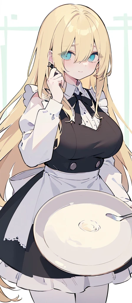 (((Long blonde Beautiful Hair))),blonde hair,kawai,(((Eyes visible from bangs,hair over eyes:1.3))),,Huge breasts,(cyan green color eyes),,(cyany slanted eyes),1girl in,bangs,long gray hair, pantyhose,Cowboy Shot,white background,short hair,smiled,(wearing black maid clothes), (maid dress type must have a perfect black vest), Bangs should be long to the tip of the chin(((, focusing on the bowl containing the dough and holding a spoon to stir it))), Kitchen room background, Perfect arm fingers,,, 1 girl, ((The image must match the tag)) Bangs almost cover the eyes full body (The character's entire body from top to bottom is completely visible)