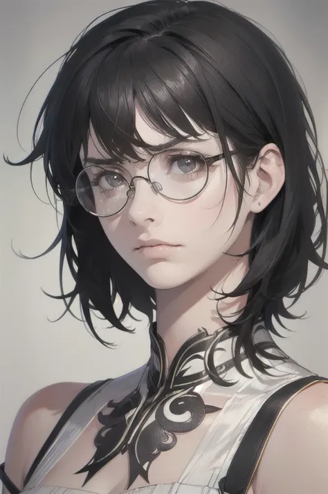 (18 year old woman), (black hair, short hair, bangs, hair down to her shoulders) ((round glasses on her face)) (white skin) angr...