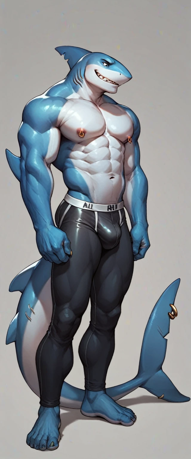 Shark anthropomorphic, blue-white skin color, male chest, Navel, nipples, full length, press, broad shoulders, muscular, tight shiny briefs, Nipple piercing, tail piercing,