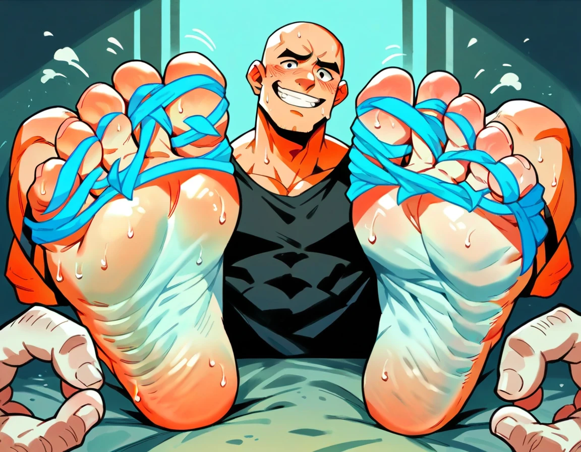 Handsome muscular，Shirtless，Bald man smiling with his hands behind his back，Feet tied to fallen logs，Wearing black and white striped clothes，Tickle the ribs，Feet tickled by hands prison background，Foot Focus，prisoner，Sweating on the soles of the feet，