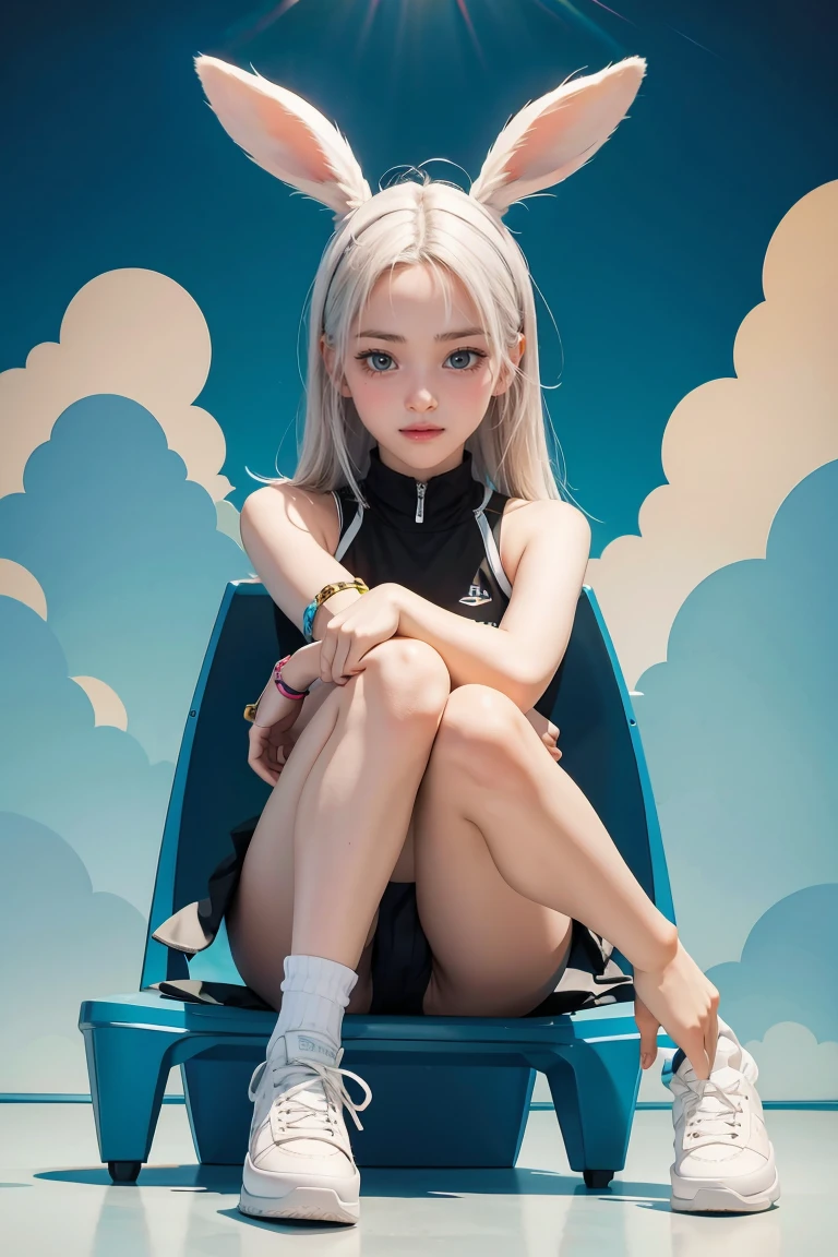 1girl, Cartoon animal design, flat style cute rabbit full body photo, simple but not lost sense of design, fresh flat style, cyberpunk elements are applied freely, the front view presents a charming cute posture, and the feet hang down in a cute posture