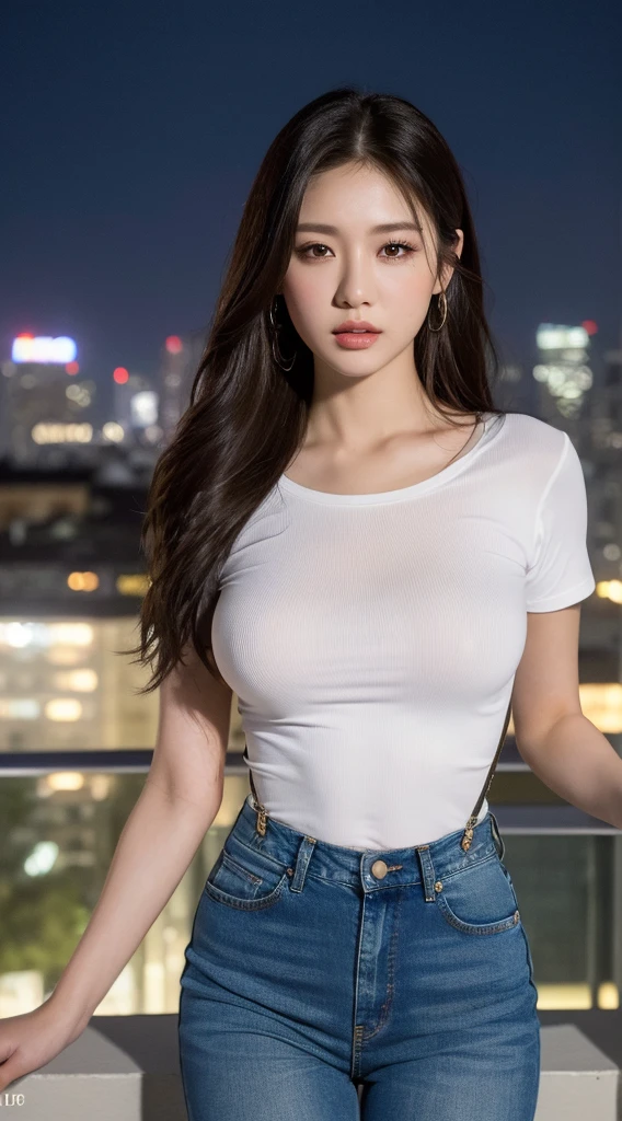 a beautiful woman with long slim legs, perfect figure and abs, wearing a white tight t-shirt and denim suspenders, standing on a rooftop with a night city scene in the background, highly detailed facial features and skin texture, beautiful dark brown hair and huge breasts, have name “Darling” at shirt. (best quality,8k,highres,masterpiece:1.3),ultra-detailed,(realistic,photorealistic,photo-realistic:1.37),HDR,UHD,studio lighting,ultra-fine painting,sharp focus,physically-based rendering,extreme detail description,professional,vivid colors,bokeh,portraits,dark colors,dramatic lighting