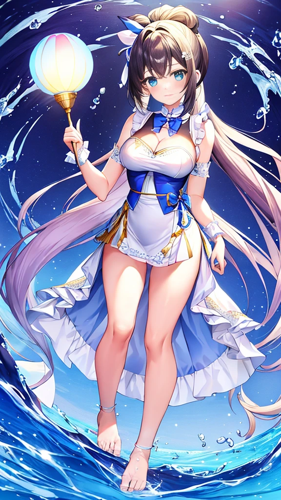 （（Super detailed details））A white double ponytail hair，Blue bow，（清凉白色宽松泳装少女Stand sideways在沙滩上）（Happy and lively）Moe，Perfect body proportions（（Full body picture））Stand sideways，Bare feet and legs