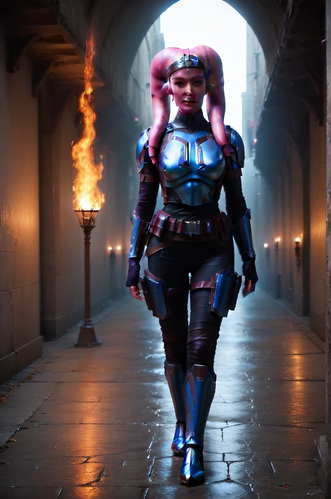 a ((fall body)) ((female twi'lek ))mandalorian,walking on fire, beautiful detailed eyes, beautiful detailed lips, extremely detailed face, long eyelashes, mandalorian armor, sci-fi, cinematic lighting, dramatic, epic, intricate details, hyper-realistic, 8k, high-quality, photorealistic
