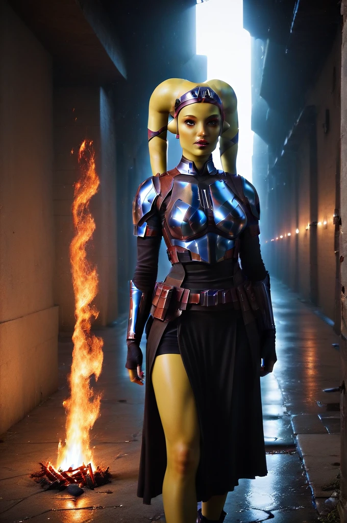 a ((fall body)) ((female twi'lek ))mandalorian,walking on fire, beautiful detailed eyes, beautiful detailed lips, extremely detailed face, long eyelashes, mandalorian armor, sci-fi, cinematic lighting, dramatic, epic, intricate details, hyper-realistic, 8k, high-quality, photorealistic
