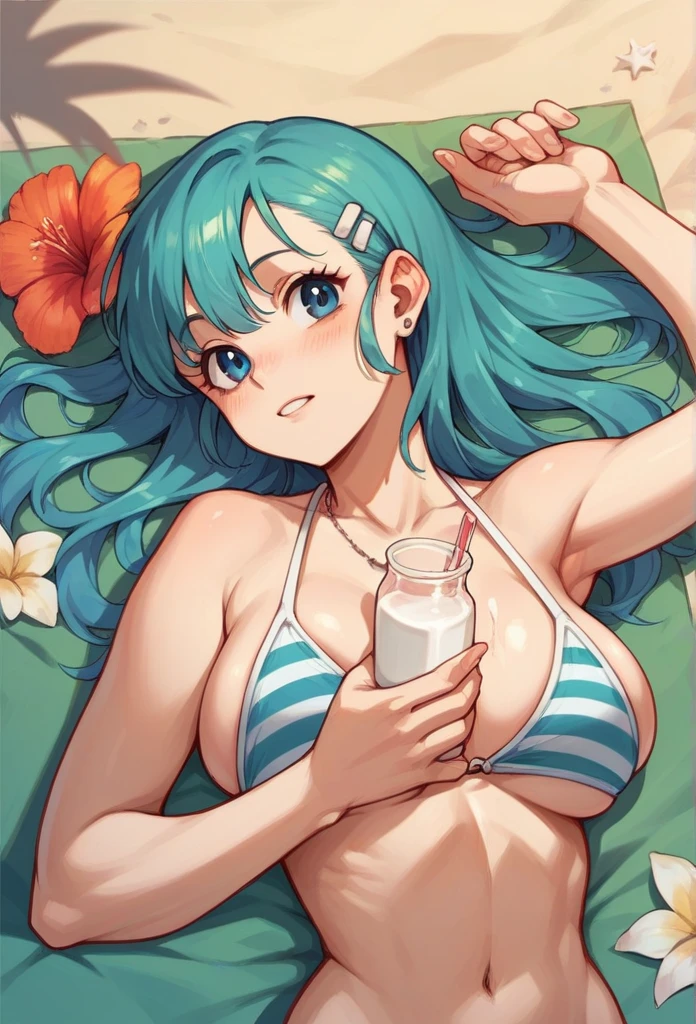 Create Bulma and Milk together in bikinis with big tits on a beach