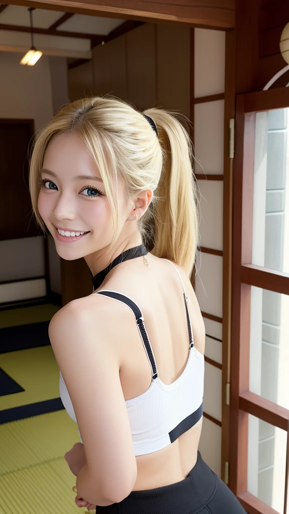Beautiful blonde woman, Japan, Women、20-year-old、Smiling for the camera, Wearing a white gym top with a white bra and black pants, Pause、High Ponytail、Big Ass