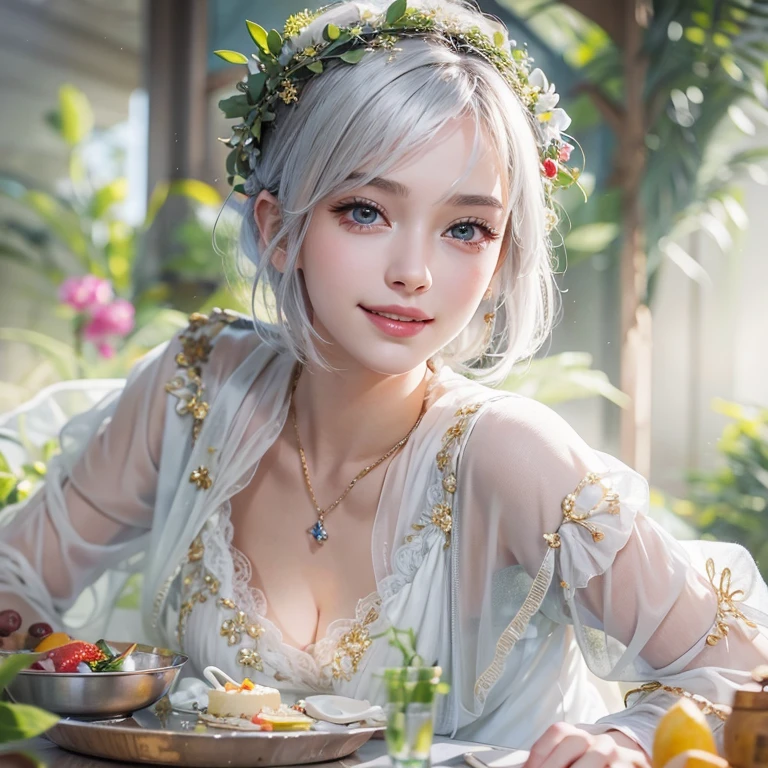 (masterpiece:1.3), (8k, Realistic, RAW Photos, Best image quality: 1.4), Fair-skinned fairy woman、short hair、Cleavage:2.0、Highly detailed face、Attention to detail、double eyelid、Sharp focus:1.2、Beautiful woman:1.4、Silvery white hair、Highest quality、masterpiece、Ultra-high resolution、(Realistic:1.4)、Highly detailed and professionally lit smiles、Loose, Light, One person、whole body,　I eat a healthy breakfast 