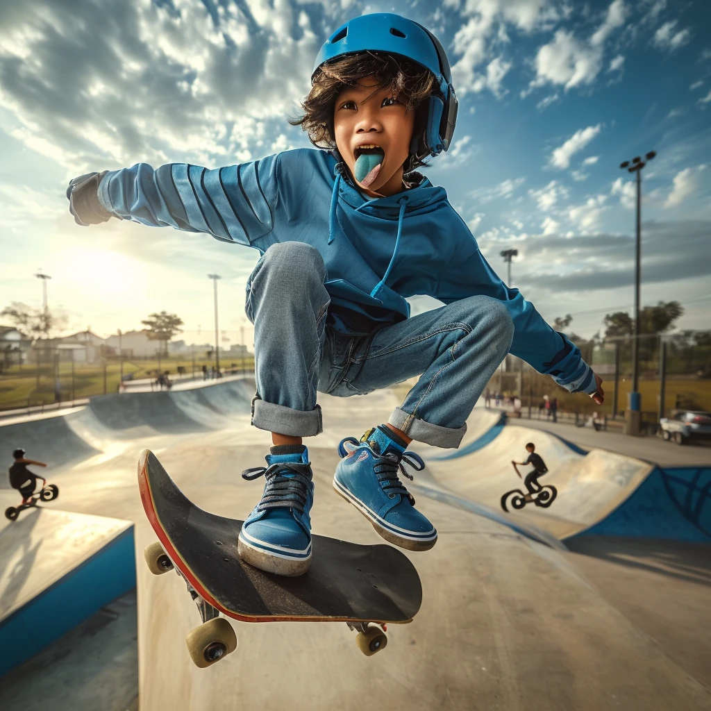  indonesian kids, wearing casual outfit and safety gear, blue color clothes, riding skateboard and jumping in skate park arena, blue color tongue, colorful bright afternoon light, realistic photography, hd image, wide angle, low angle shot, 4k quality, HDR, hyper realistic, south east asian kids