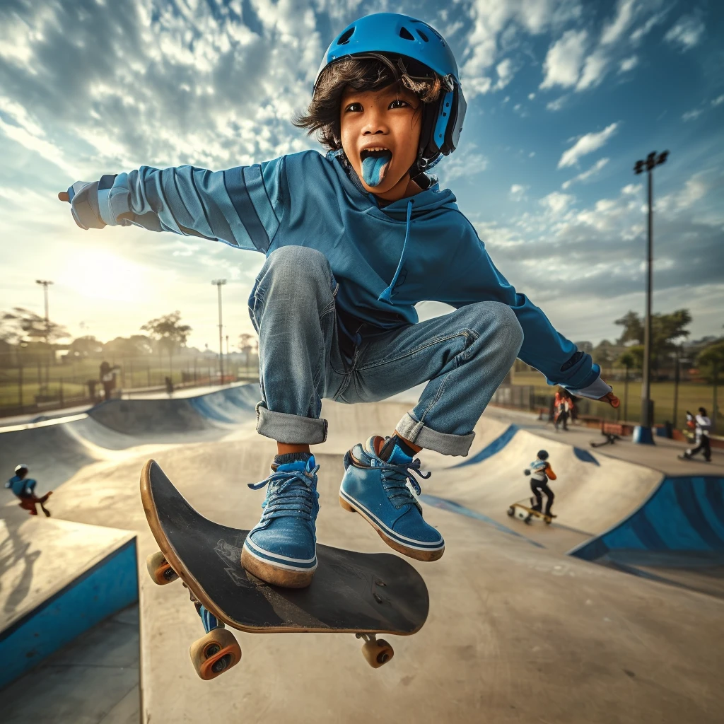 s old indonesian kids, wearing casual outfit and safety gear, blue color clothes, riding skateboard and jumping in skate park arena, blue color tongue, colorful bright afternoon light, realistic photography, hd image, wide angle, low angle shot, 4k quality, HDR, hyper realistic, south east asian kids