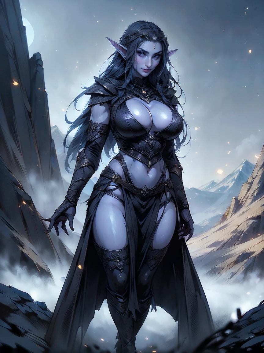 (masterpiece, top quality, best quality, official art, beautiful and aesthetic:1.2), (1girl:1.3), ((Sharp facial features, sharp features, hawkish features)), ((big hair, long elf ears, long black hair)), (((pale purple skin, pale blue skin, blue skin, purple skin))), big tiddy dark elf girl, extremely detailed, portrait, looking at viewer, solo, (full body:0.6), detailed background, full-body shot, (cold night mountain theme:1.1), dark elf war dancer, (spiky winged helmet), charlatan, smirk, mysterious, swaying in mountains, skimpy attire, revealing gladiatrix costume, ebony metal, gold filigree, long boots, dual knives, blood red fabric, pelvic curtain, loincloth, black leather, ((((cleavage, skindentation, long legs, pelvic curtain)))), cute belly button, toned tummy, slim waist, slim hips, long legs, medieval (mountain exterior:1.1) background, dark mysterious lighting, shadows, magical atmosphere, dutch angle