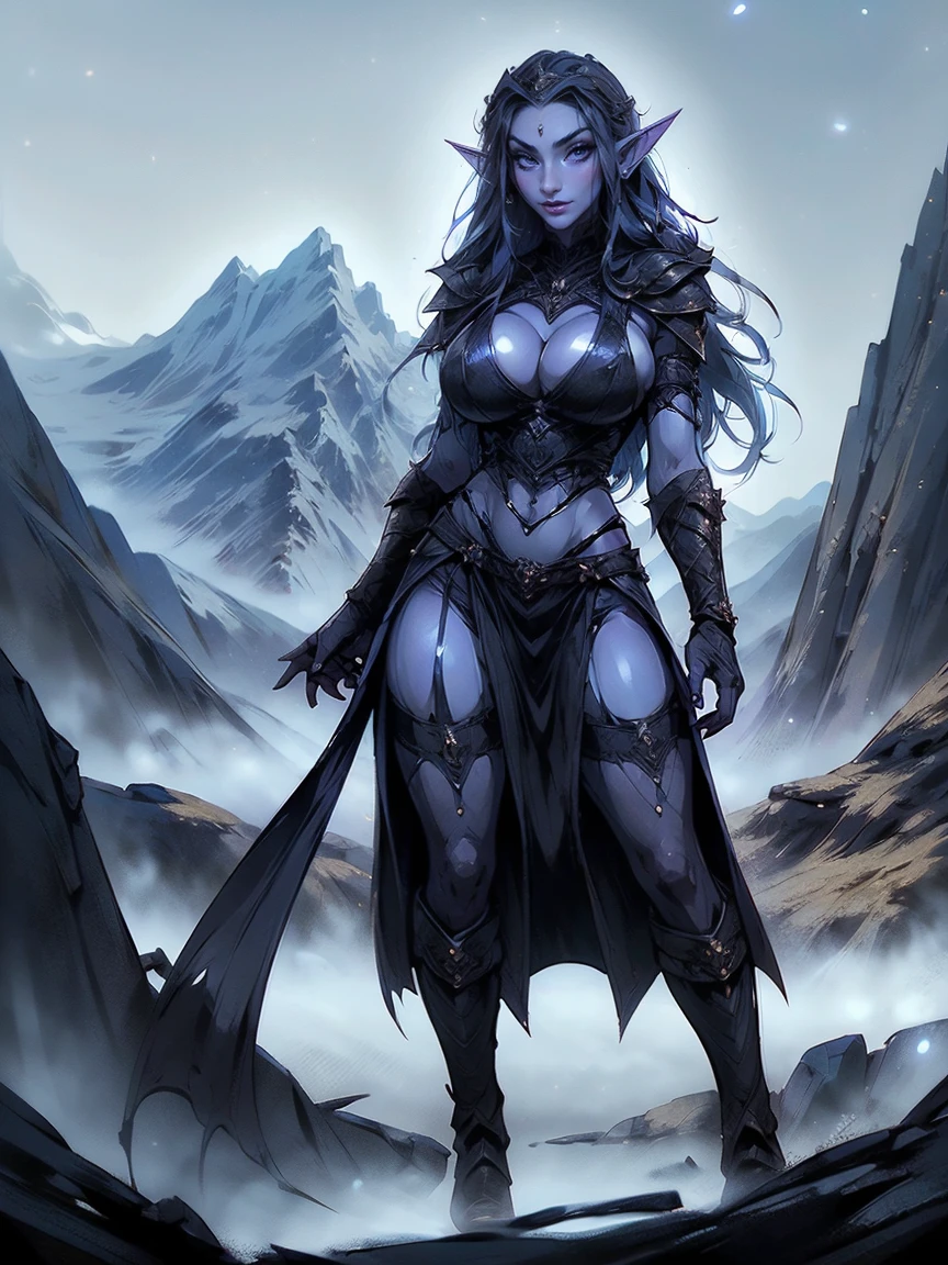 (masterpiece, top quality, best quality, official art, beautiful and aesthetic:1.2), (1girl:1.3), ((Sharp facial features, sharp features, hawkish features)), ((big hair, long elf ears, long black hair)), (((pale purple skin, pale blue skin, blue skin, purple skin))), big tiddy dark elf girl, extremely detailed, portrait, looking at viewer, solo, (full body:0.6), detailed background, full-body shot, (cold night mountain theme:1.1), dark elf war dancer, (spiky winged helmet), charlatan, smirk, mysterious, swaying in mountains, skimpy attire, revealing gladiatrix costume, ebony metal, gold filigree, long boots, dual knives, blood red fabric, pelvic curtain, loincloth, black leather, ((((topless, gigantic breasts, long legs, pelvic curtain)))), cute belly button, toned tummy, slim waist, slim hips, long legs, medieval (mountain exterior:1.1) background, dark mysterious lighting, shadows, magical atmosphere, dutch angle