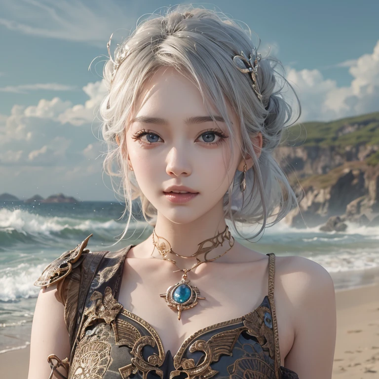 (masterpiece:1.3), (8k, Realistic, RAW Photos, Best image quality: 1.4), Fair-skinned fairy woman、Long Hair、Cleavage:2.0、Highly detailed face、Attention to detail、double eyelid、Chest to chest、Sharp focus:1.2、Beautiful woman:1.4、Silvery white hair、Highest quality、masterpiece、Ultra-high resolution、(Realistic:1.4)、Highly detailed and professionally lit smiles、Loose, Light, steampunk、Shoulder out、thin、Serious expression、Short-haired、Deadly position, One person、whole body,Walking on the beach、Gorgeous Necklace, Reptile Eyes:1.5