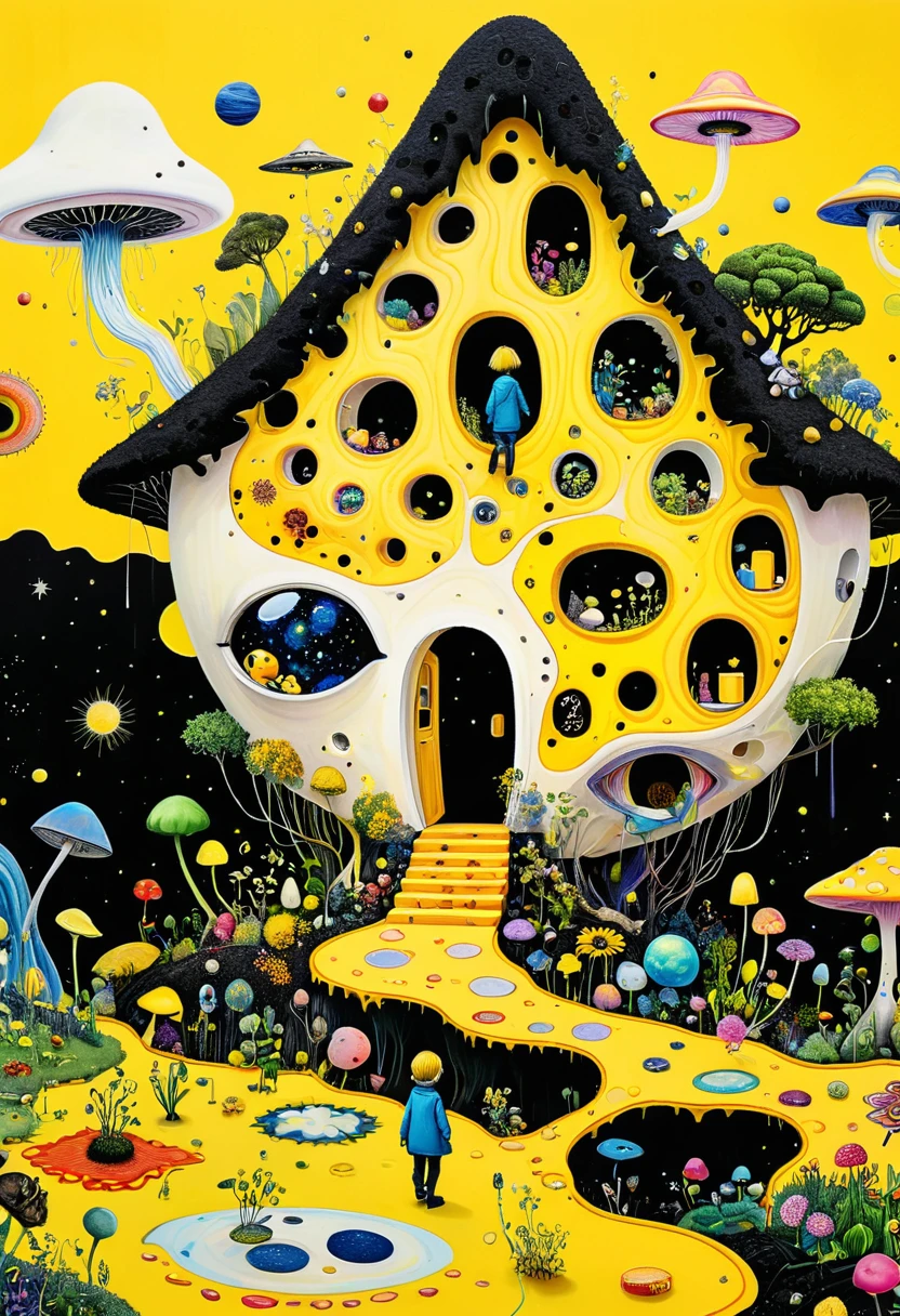 Intense visual fusion of various elements，broto，microorganism、plantar、Cheese house、Eye、wild animal life，Stitching an abstract painting，Describing the inner world of autistic people，Sense of space，blank space，interesting，innocence，psychedelic art，yellow and black,3d